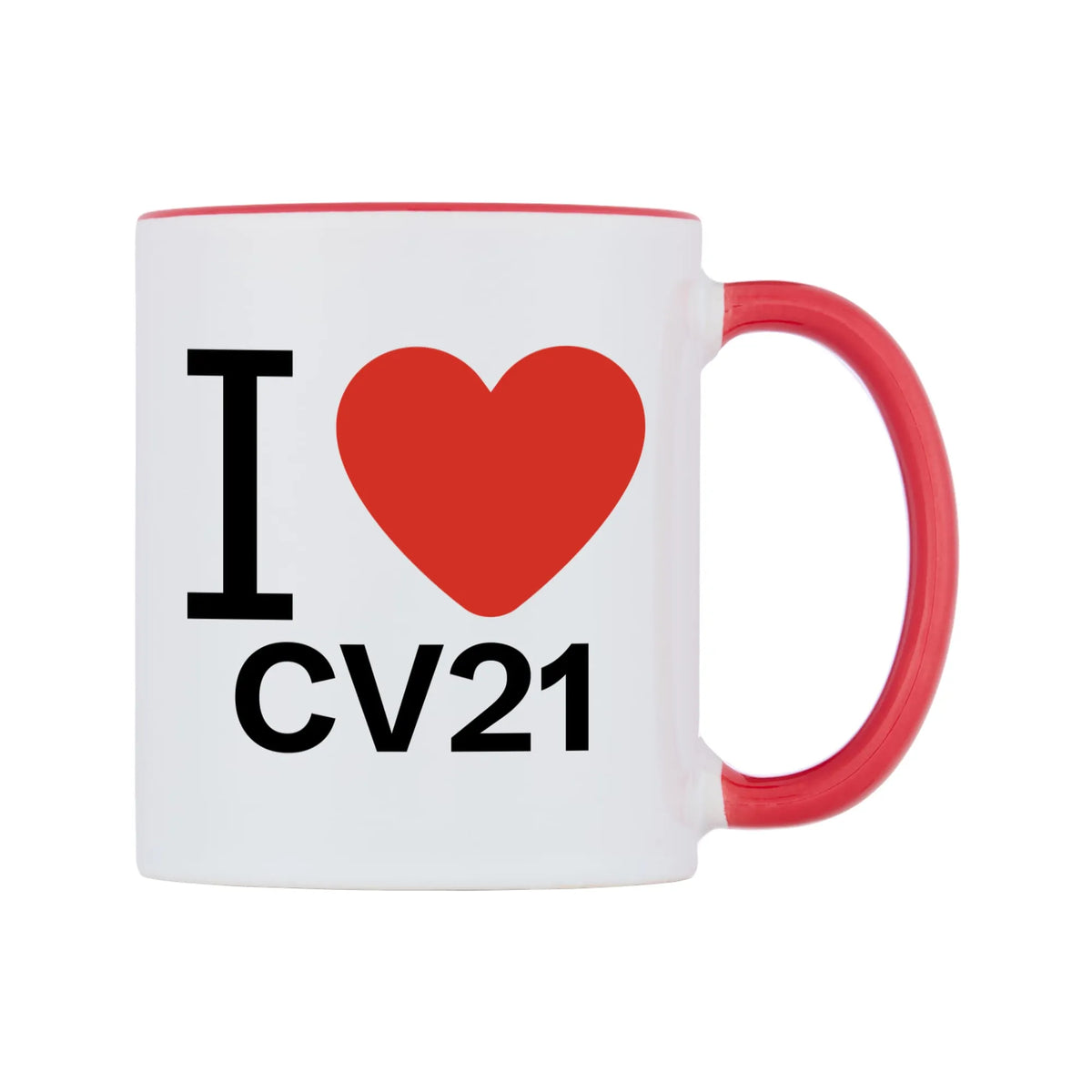 I Love CV21 Mug — white 11oz gloss mug with a red inside and handle, left side, on a white background
