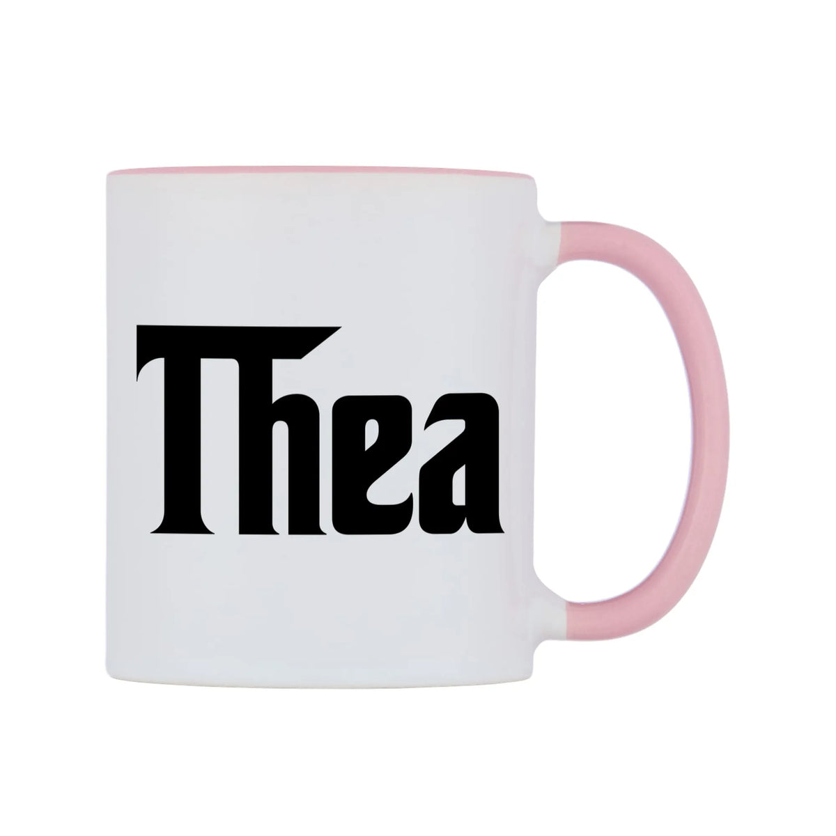 Thea - Godfather Themed Mug — white 11oz gloss mug with a pink inside and handle, left side, on a white background