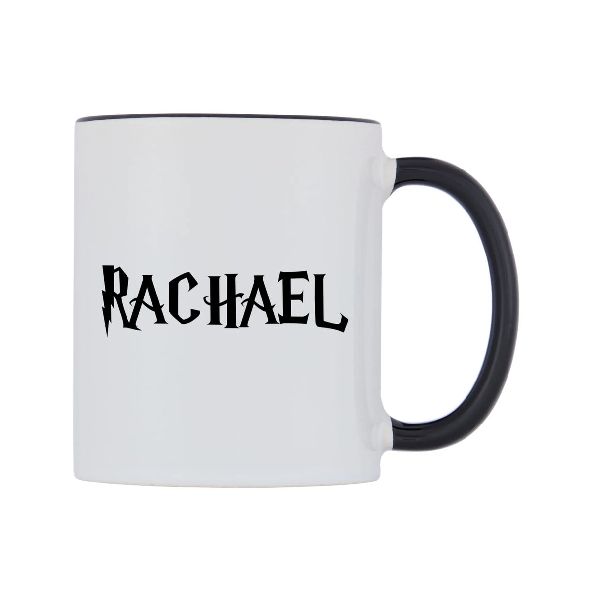 Rachael - Wizard Themed Mug — white 11oz gloss mug with a black inside and handle, left side, on a white background