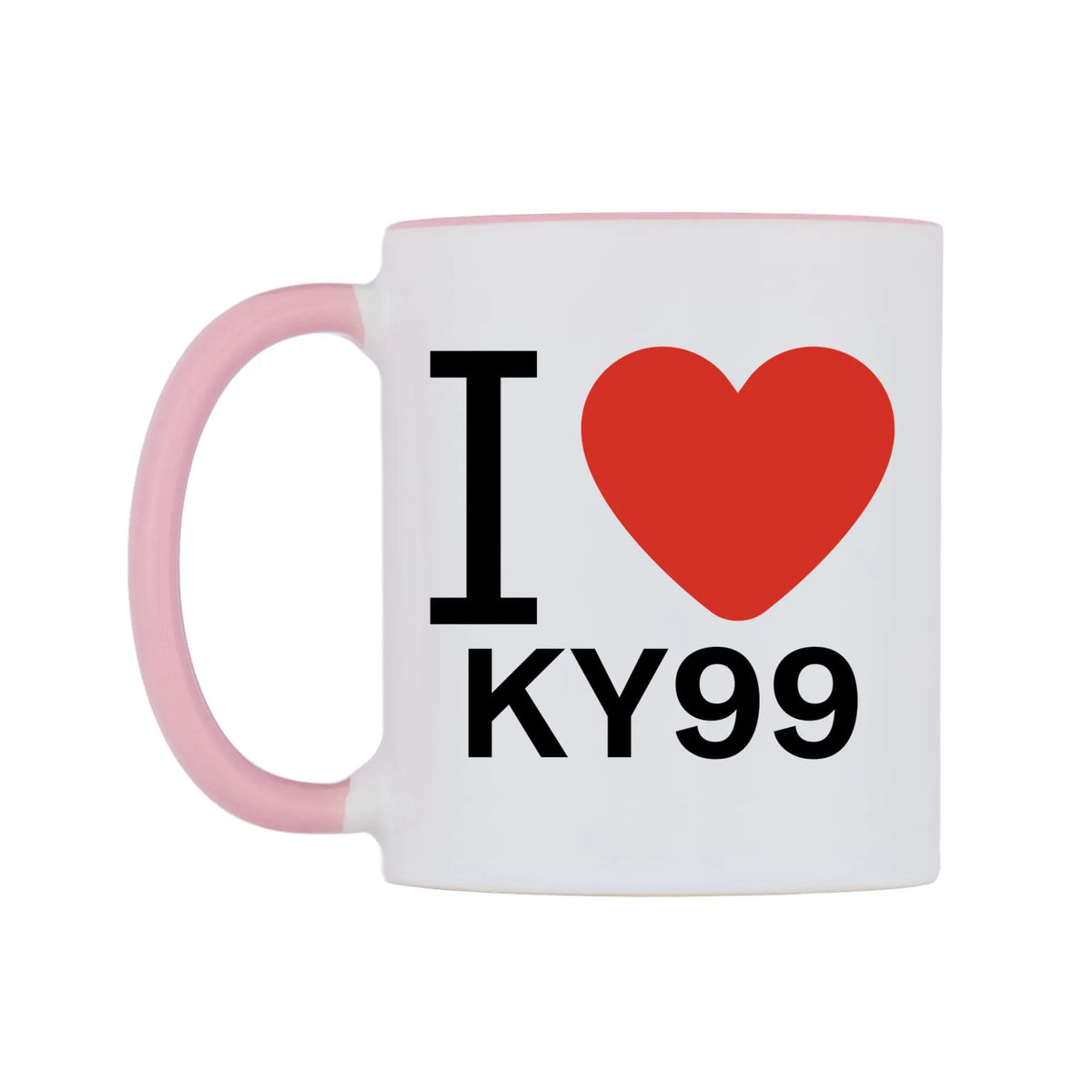 I Love KY99 Mug — white 11oz gloss mug with a pink inside and handle, right side, on a white background