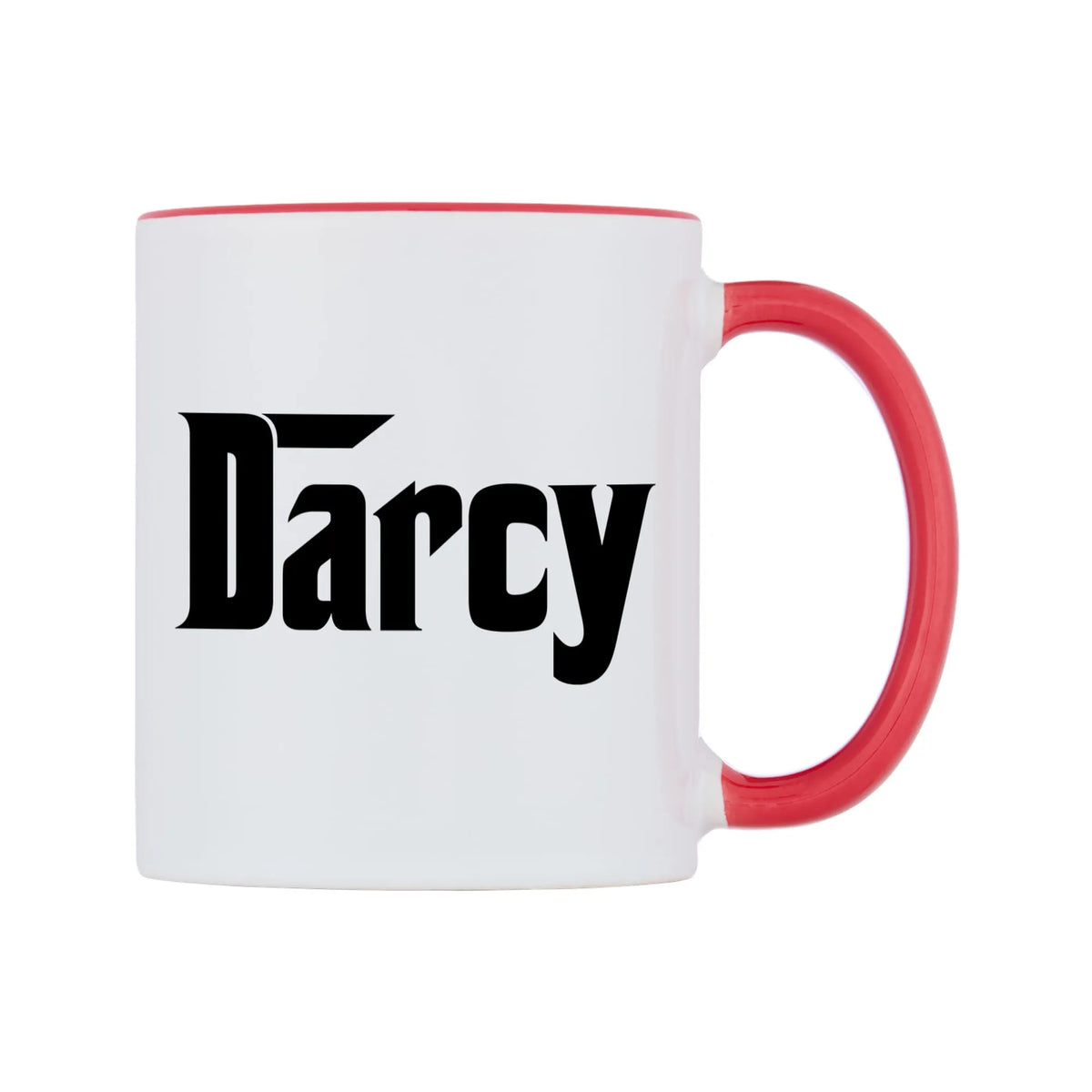 Darcy - Godfather Themed Mug — white 11oz gloss mug with a red inside and handle, left side, on a white background