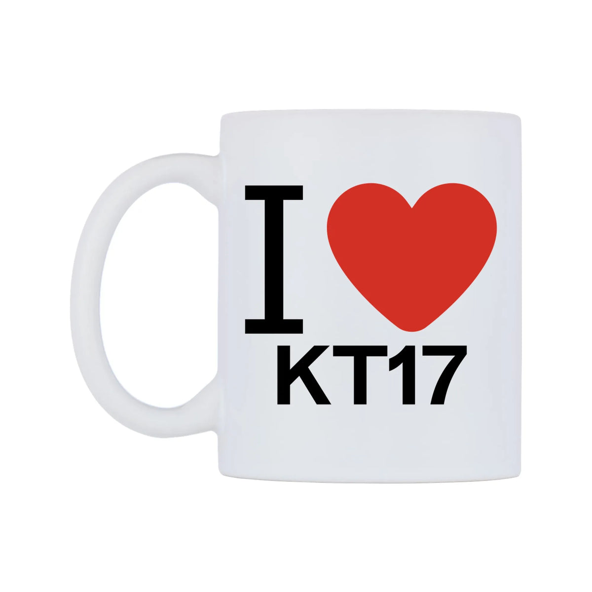I Love KT17 Mug — white 11oz gloss mug, right side, on a white background