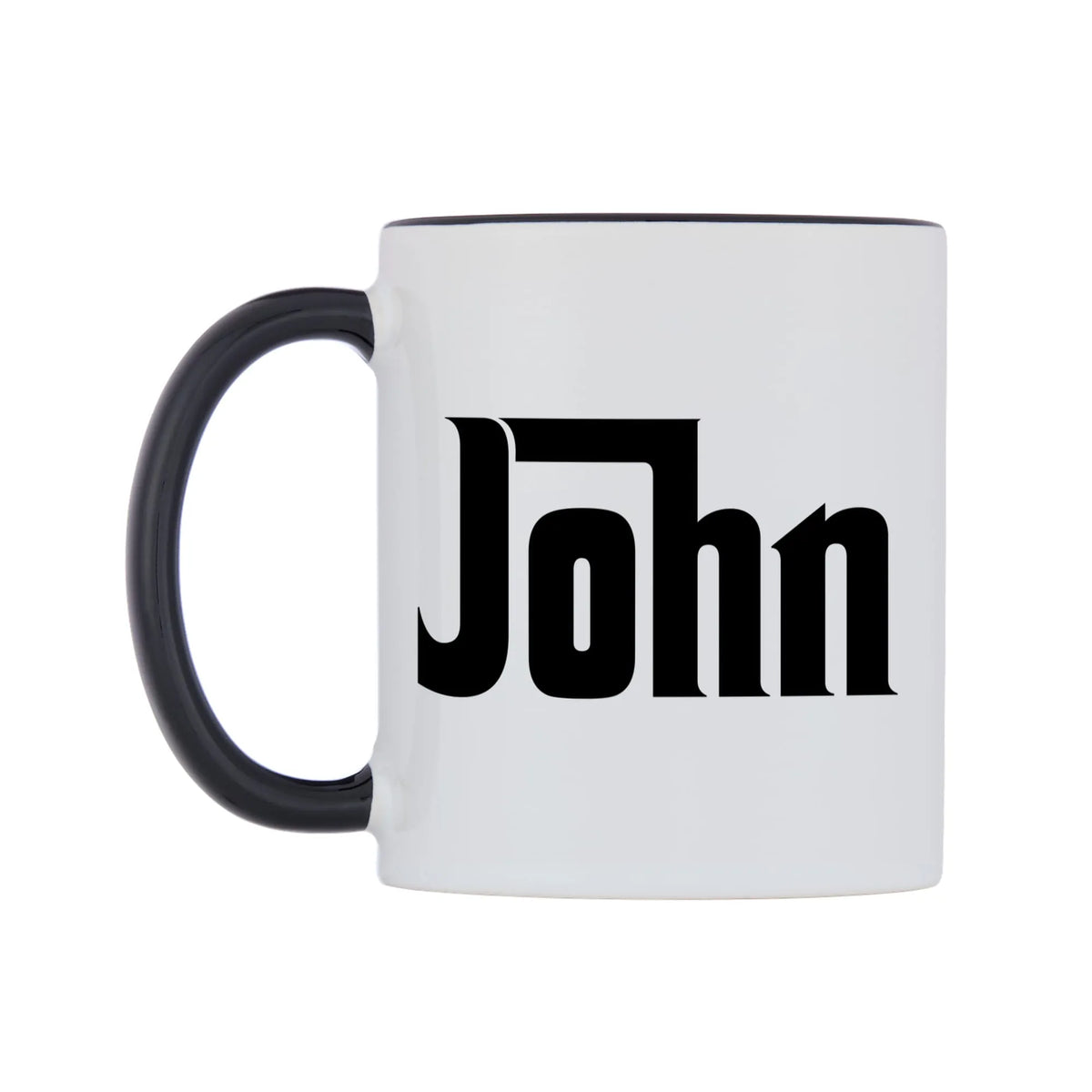 John - Godfather Themed Mug — white 11oz gloss mug with a black inside and handle, right side, on a white background