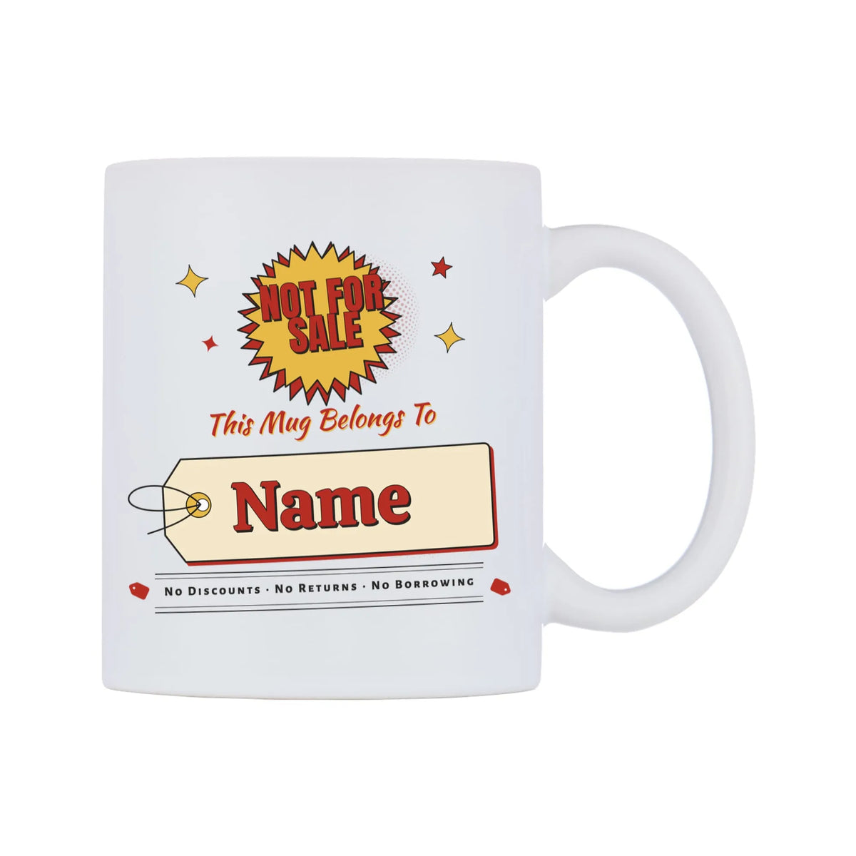Not For Sale Swing Tag Mug — white 11oz gloss mug, on a white background