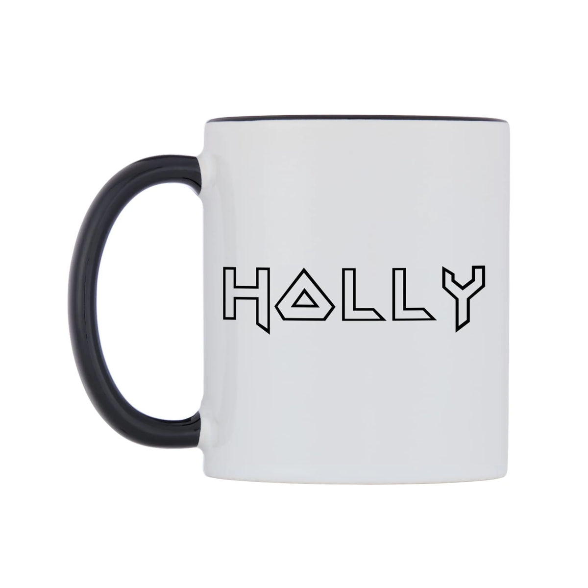 Holly - Iron Maiden Themed Mug — white 11oz gloss mug with a black inside and handle, right side, on a white background
