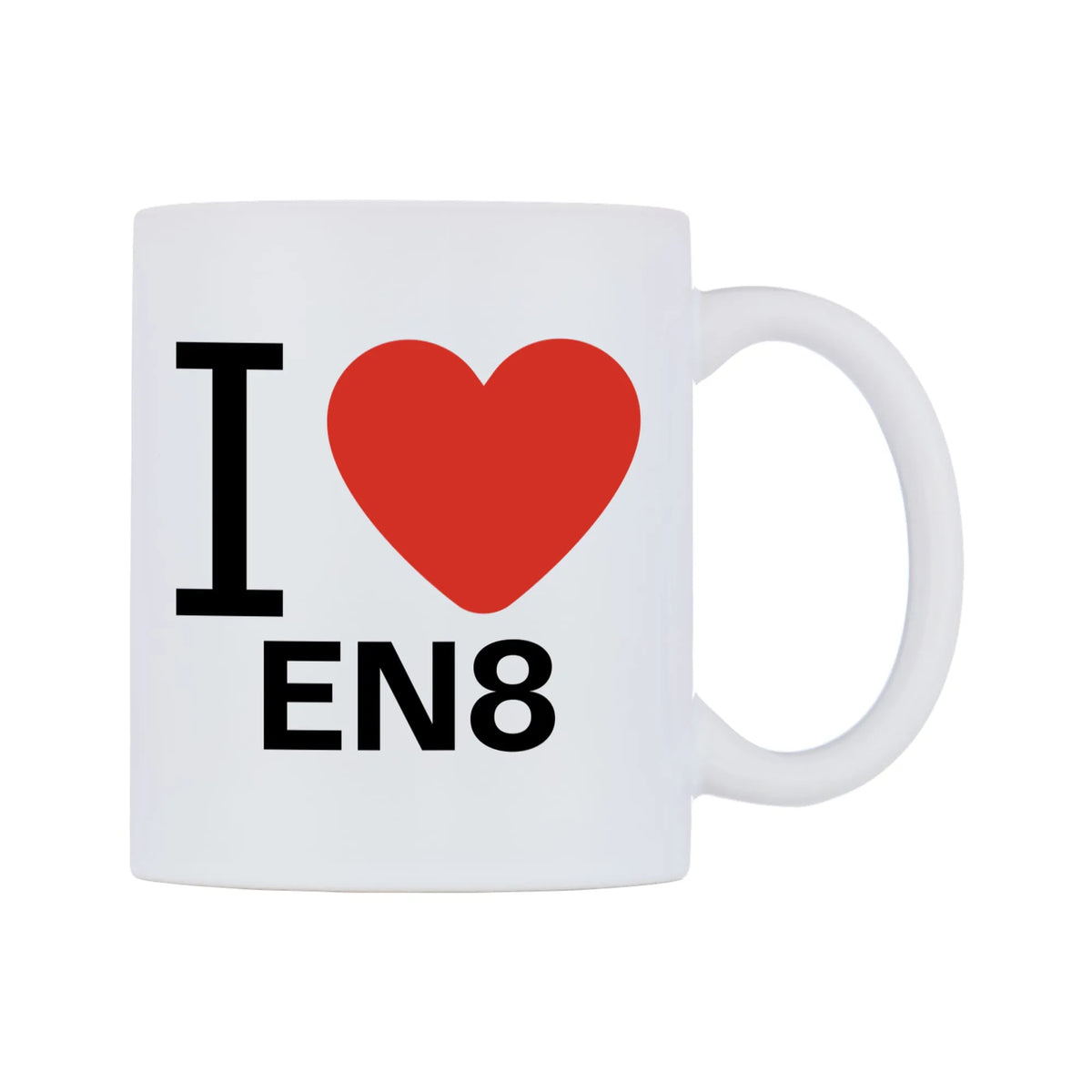 I Love EN8 Mug — white 11oz gloss mug, left side, on a white background