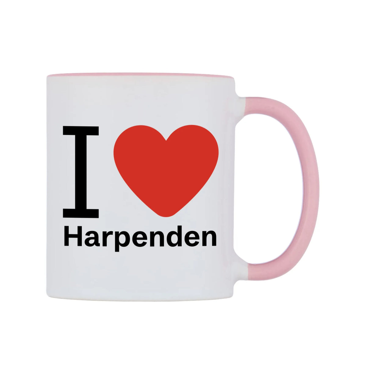 I Love Harpenden Mug — white 11oz gloss mug with a pink inside and handle, left side, on a white background