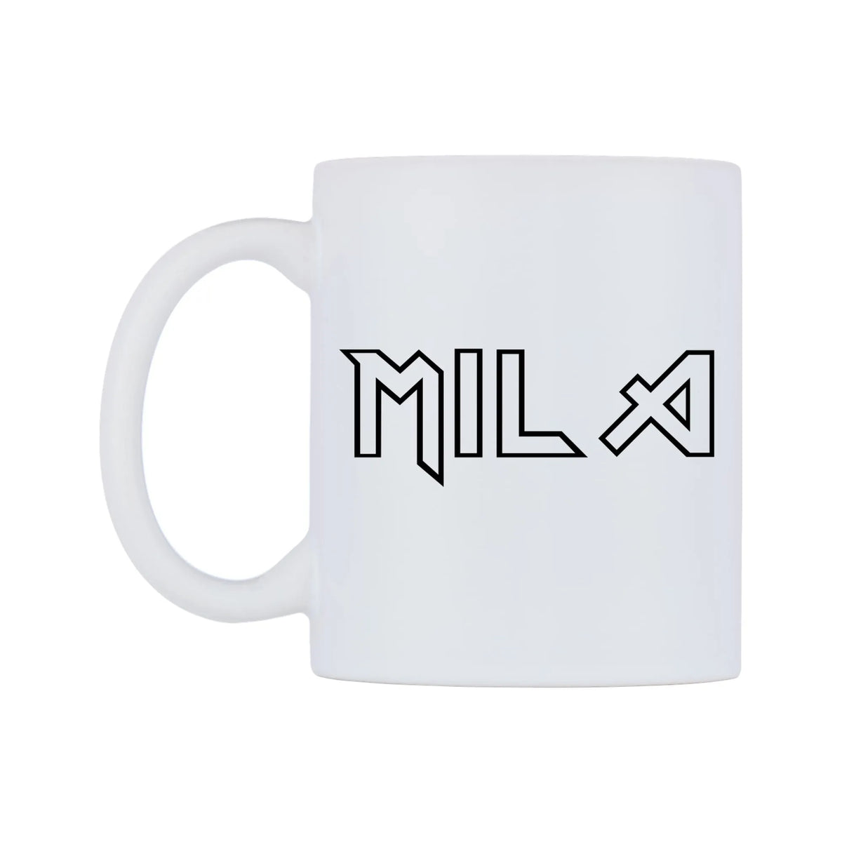 Mila - Iron Maiden Themed Mug — white 11oz gloss mug, right side, on a white background