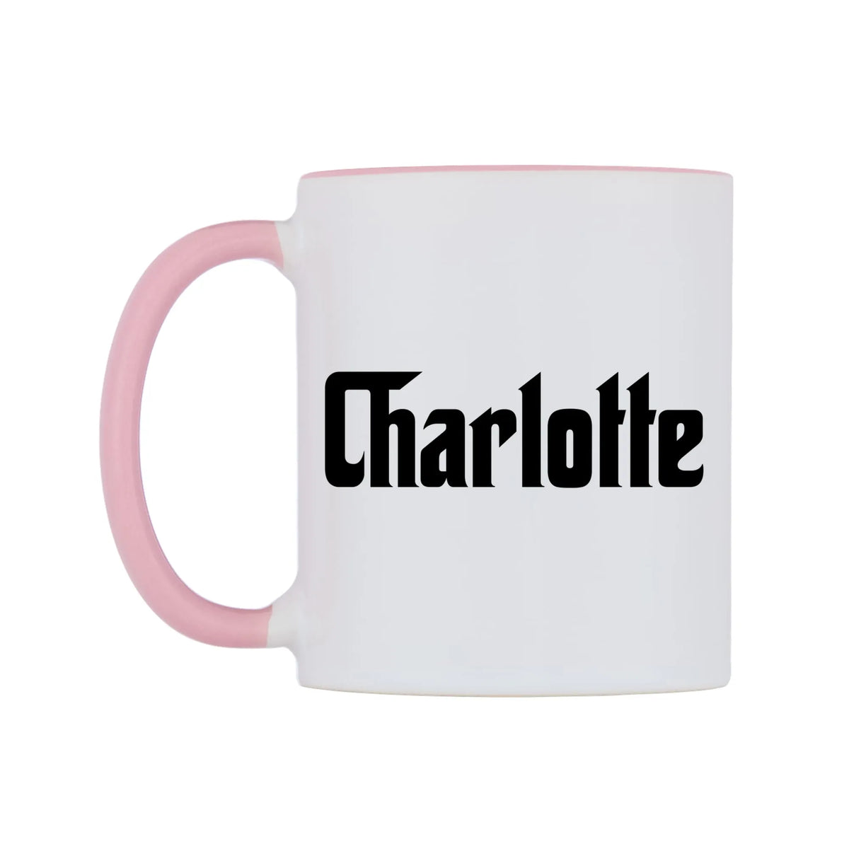 Charlotte - Godfather Themed Mug — white 11oz gloss mug with a pink inside and handle, right side, on a white background
