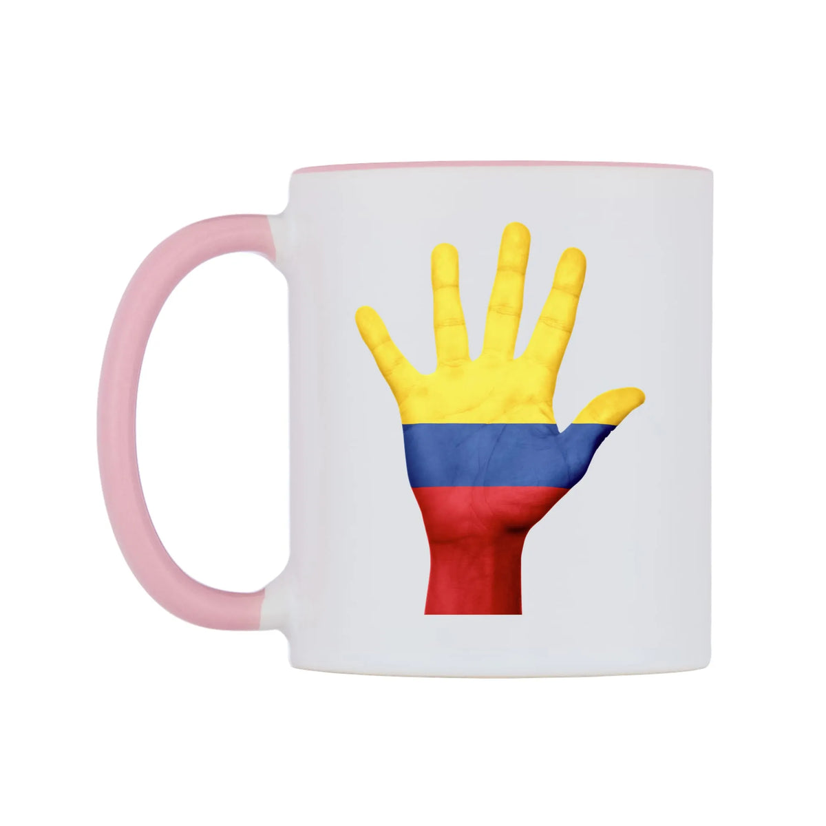 Colombia Hand Flag Mug — white 11oz gloss mug with a pink inside and handle, right side, on a white background