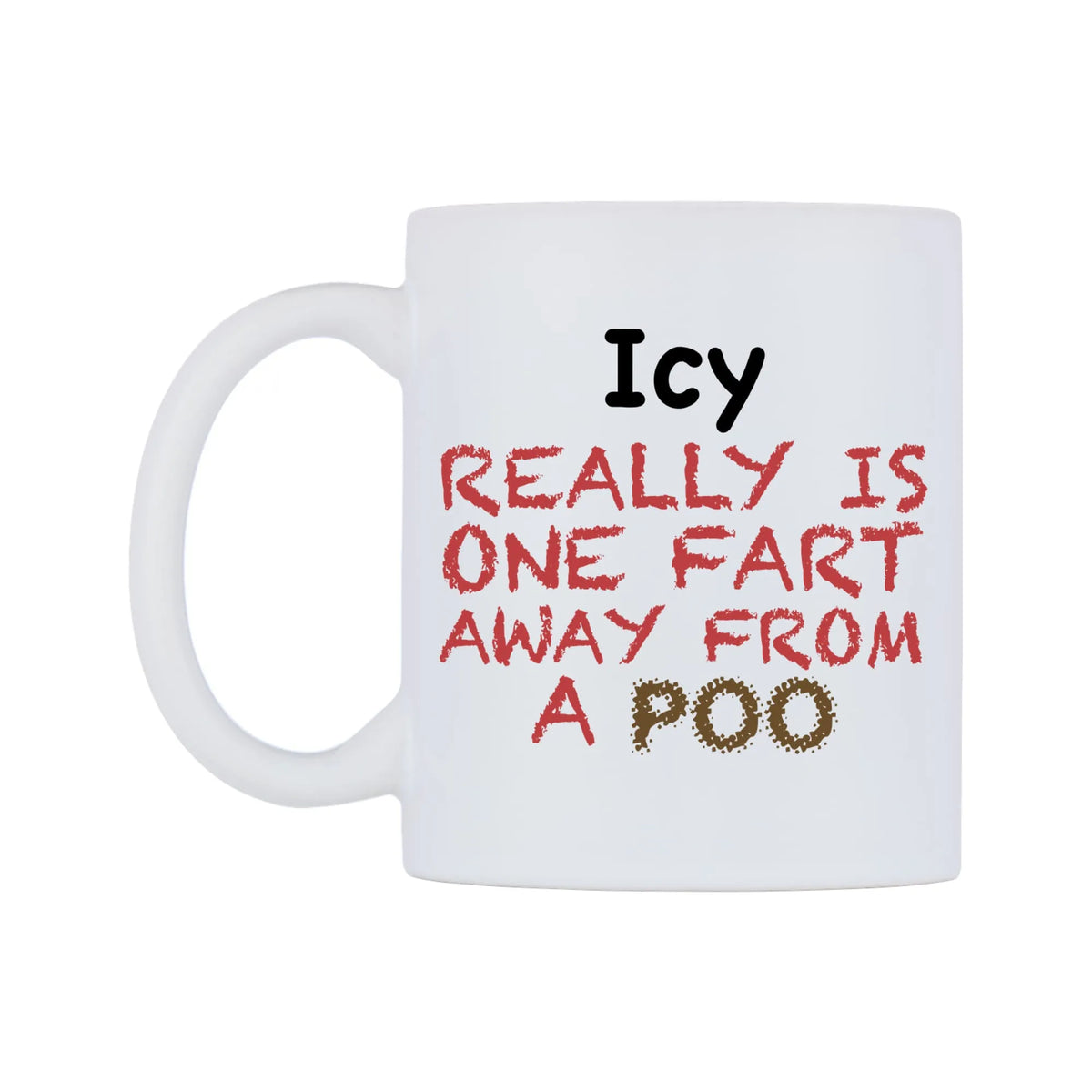 Icy Really is ONE Fart Away from A Poo Mug — mug, right side, on a white background