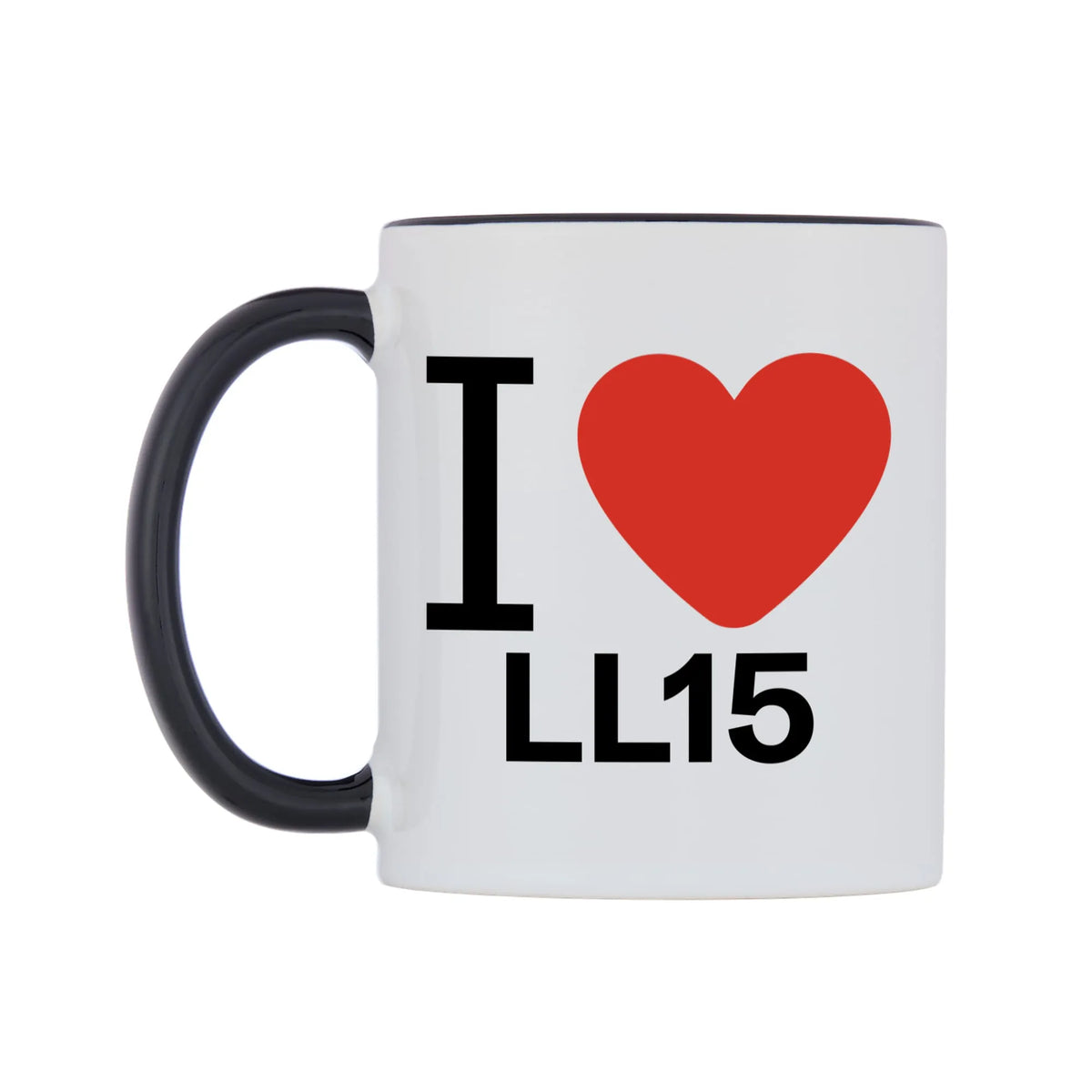 I Love LL15 Mug — white 11oz gloss mug with a black inside and handle, right side, on a white background
