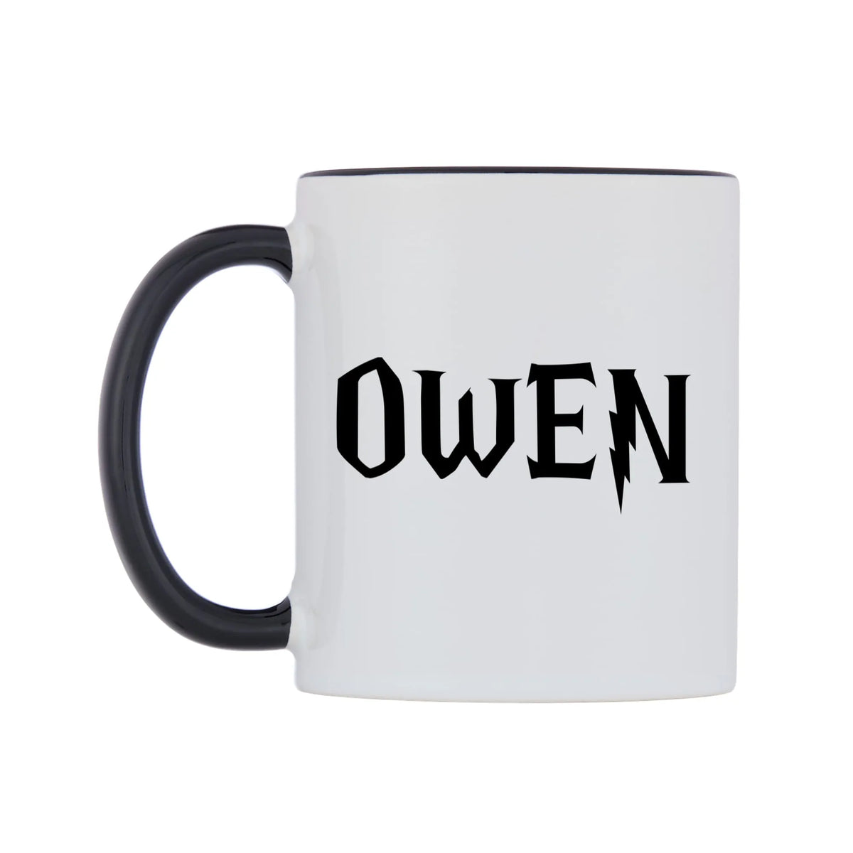 Owen - Wizard Themed Mug — white 11oz gloss mug with a black inside and handle, right side, on a white background