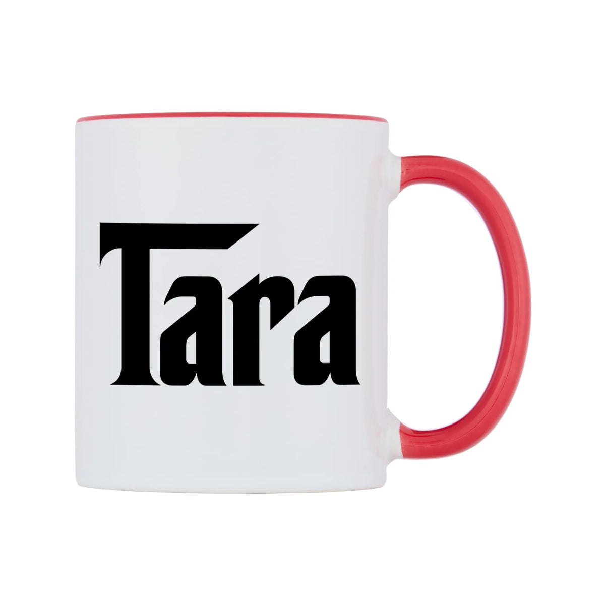 Tara - Godfather Themed Mug — white 11oz gloss mug with a red inside and handle, left side, on a white background