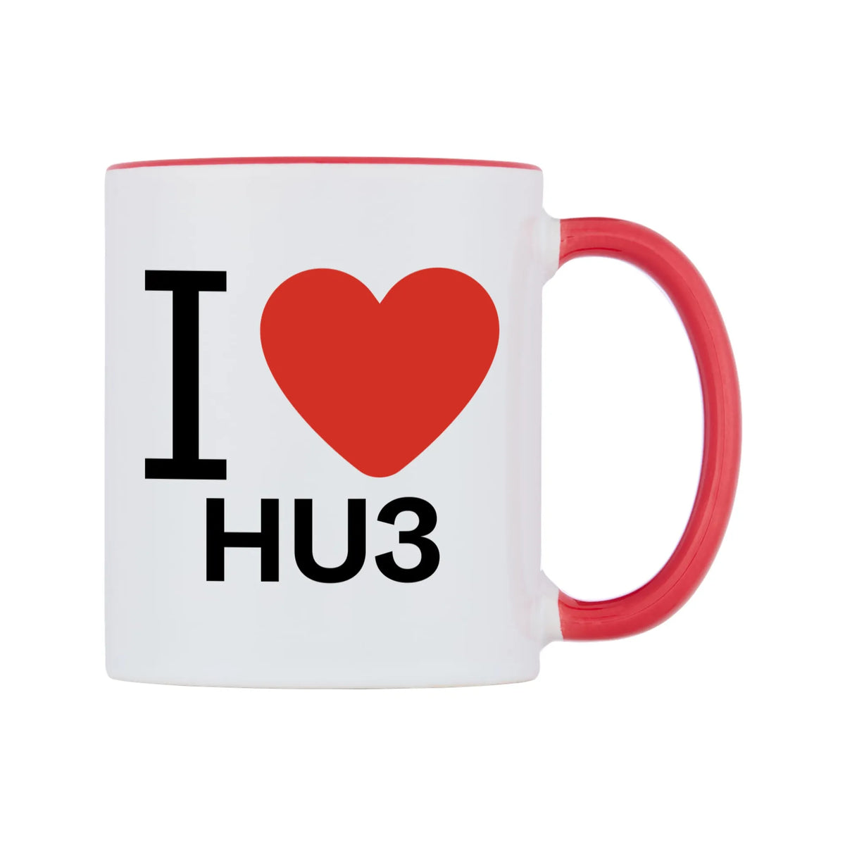 I Love HU3 Mug — white 11oz gloss mug with a red inside and handle, left side, on a white background