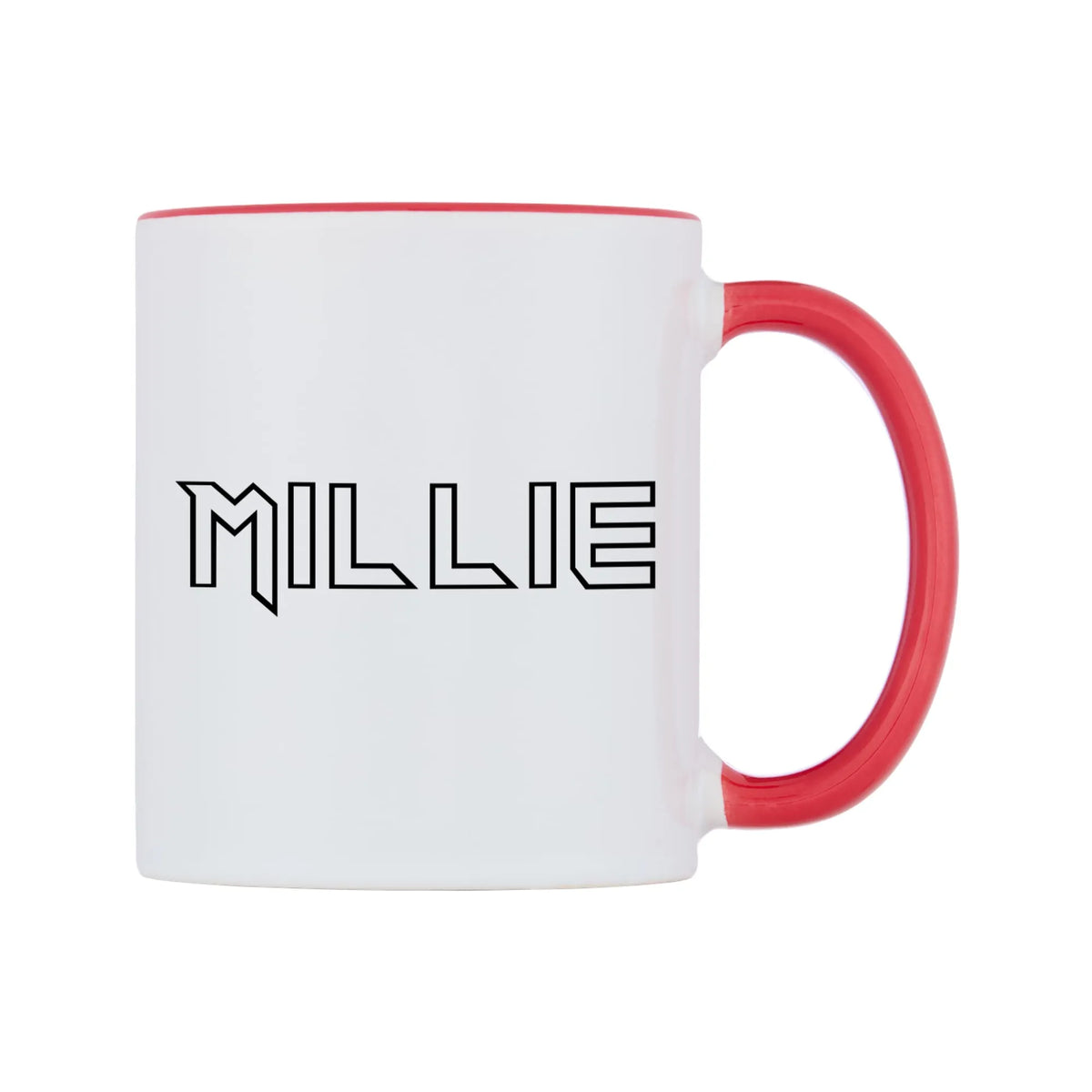 Millie - Iron Maiden Themed Mug — white 11oz gloss mug with a red inside and handle, left side, on a white background