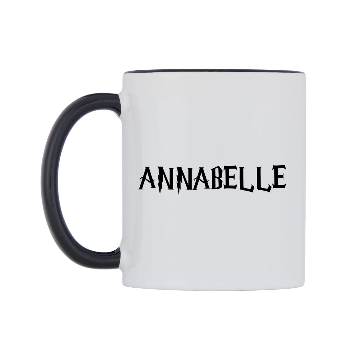 Annabelle - Wizard Themed Mug — white 11oz gloss mug with a black inside and handle, right side, on a white background