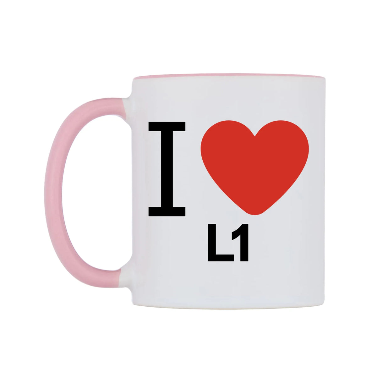 I Love L1 Mug — white 11oz gloss mug with a pink inside and handle, right side, on a white background