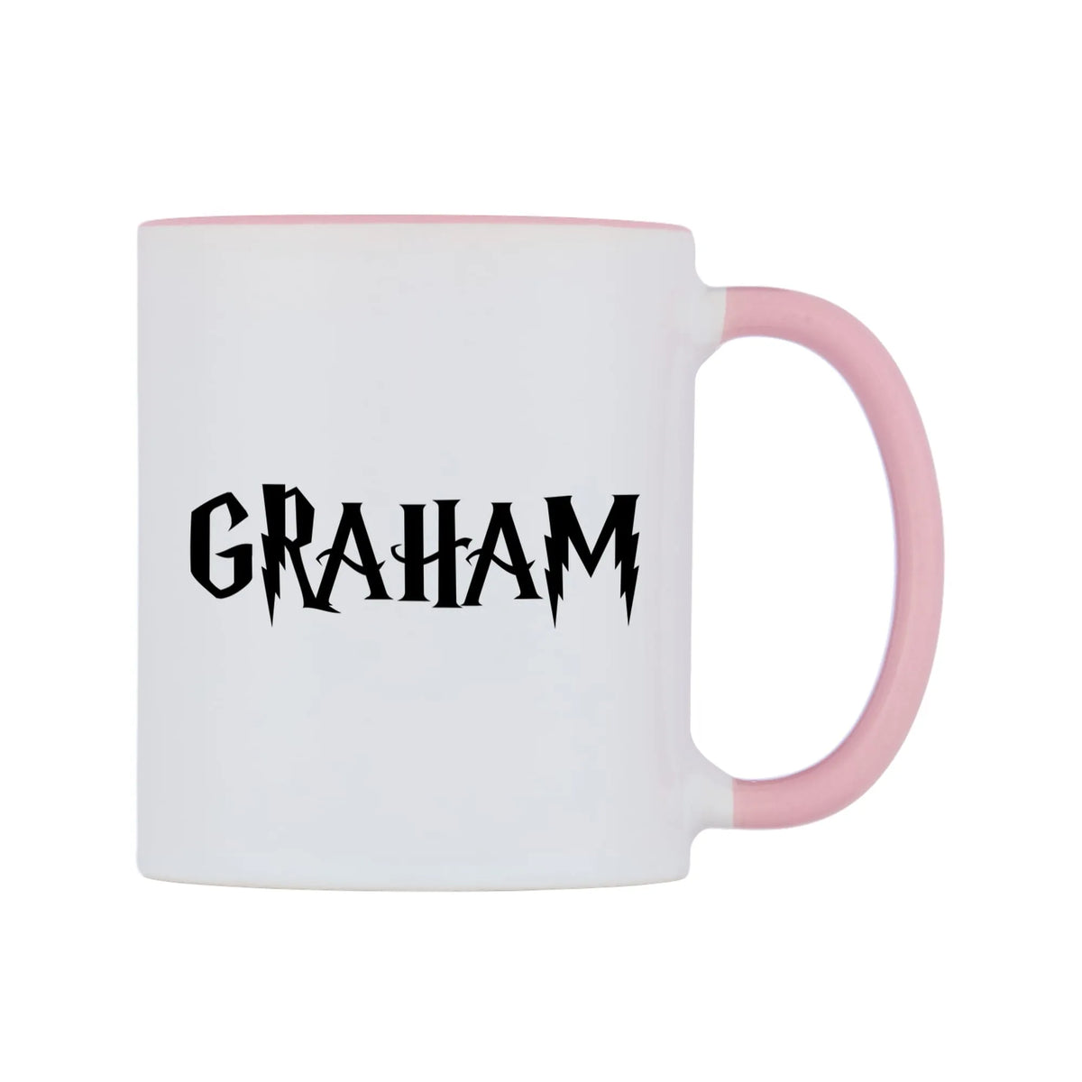 Graham - Wizard Themed Mug — white 11oz gloss mug with a pink inside and handle, left side, on a white background