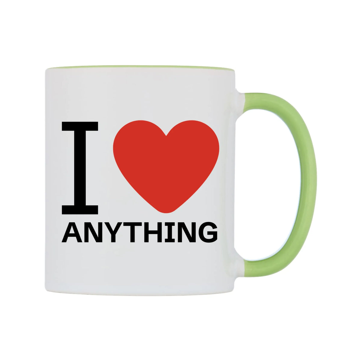 I Love Personalised Mug — white 11oz gloss mug with a light green inside and handle, left side, on a white background
