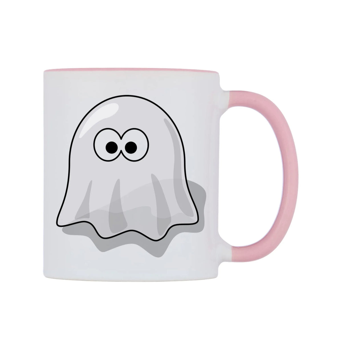 Little Ghost Mug — white 11oz gloss mug with a pink inside and handle, left side, on a white background