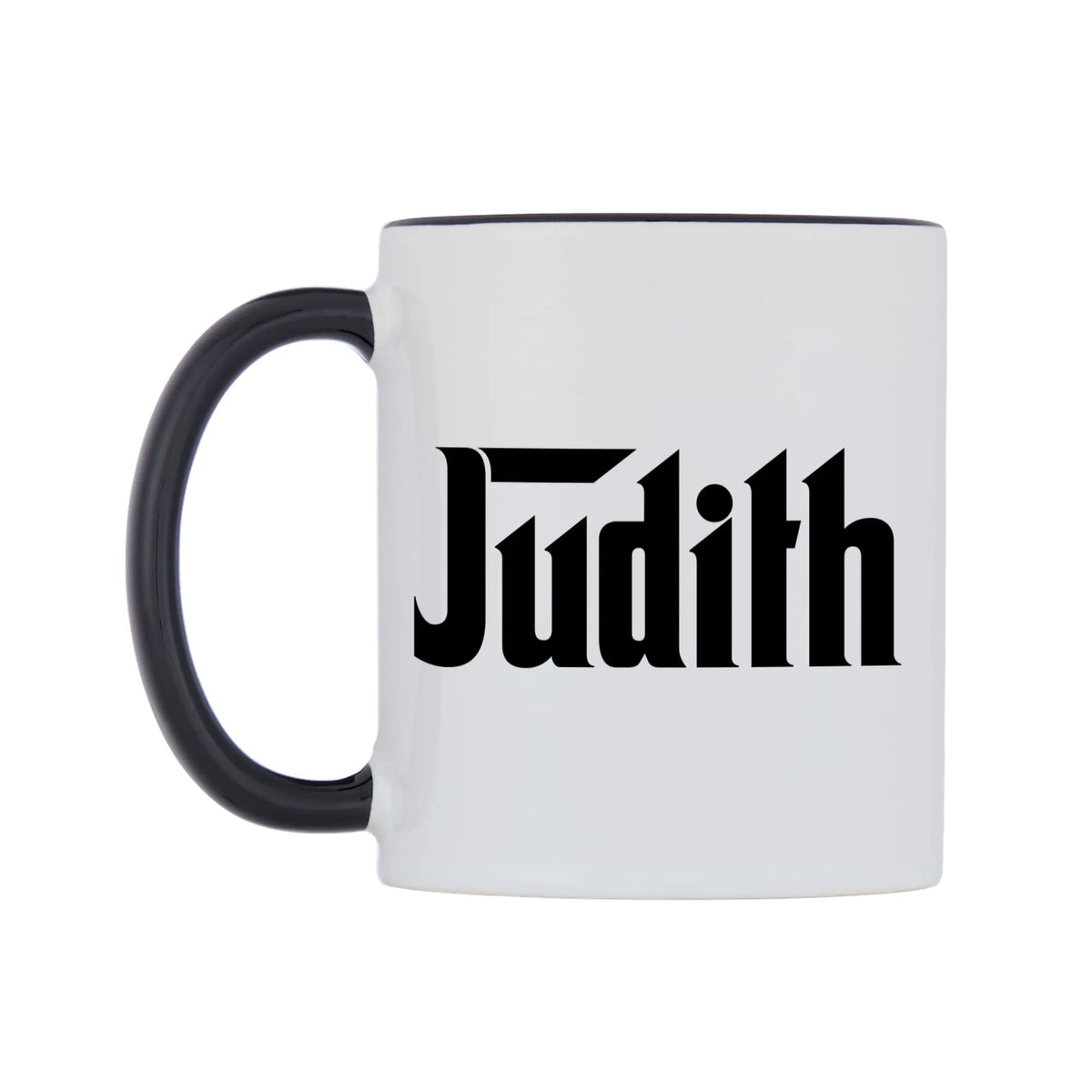 Judith - Godfather Themed Mug — white 11oz gloss mug with a black inside and handle, right side, on a white background