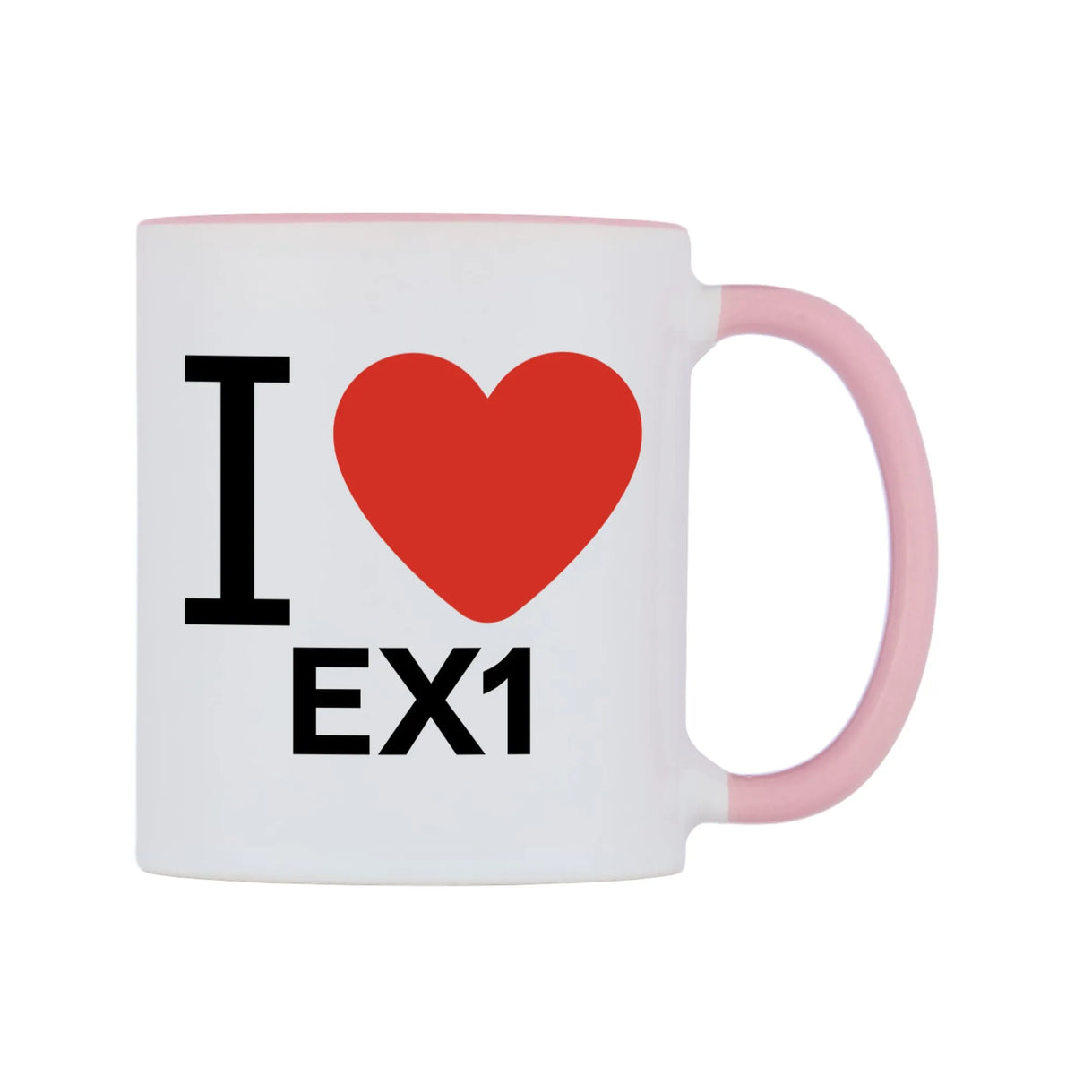 I Love EX1 Mug — white 11oz gloss mug with a pink inside and handle, left side, on a white background