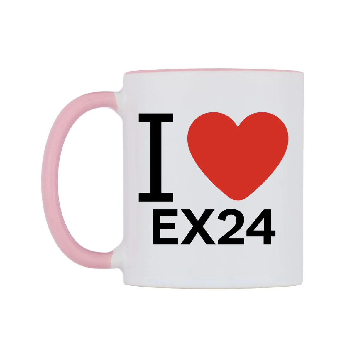 I Love EX24 Mug — white 11oz gloss mug with a pink inside and handle, right side, on a white background