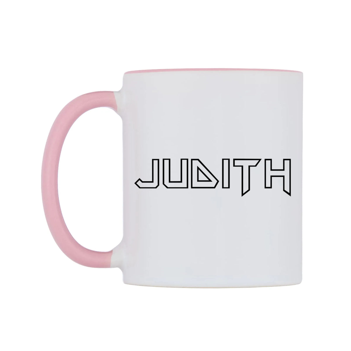 Judith - Iron Maiden Themed Mug — white 11oz gloss mug with a pink inside and handle, right side, on a white background