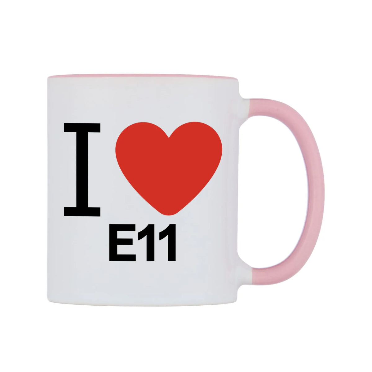 I Love E11 Mug — white 11oz gloss mug with a pink inside and handle, left side, on a white background