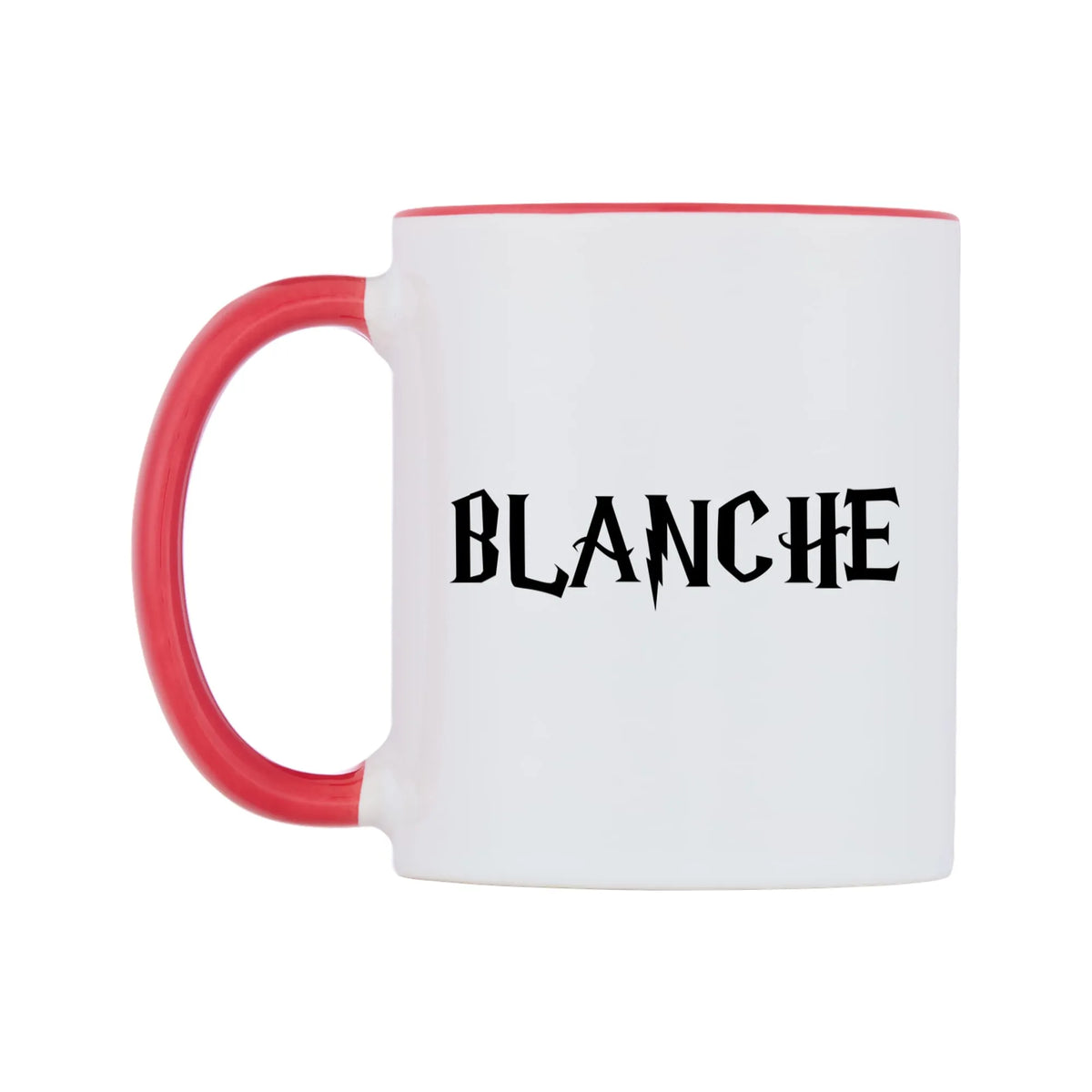 Blanche - Wizard Themed Mug — white 11oz gloss mug with a red inside and handle, right side, on a white background