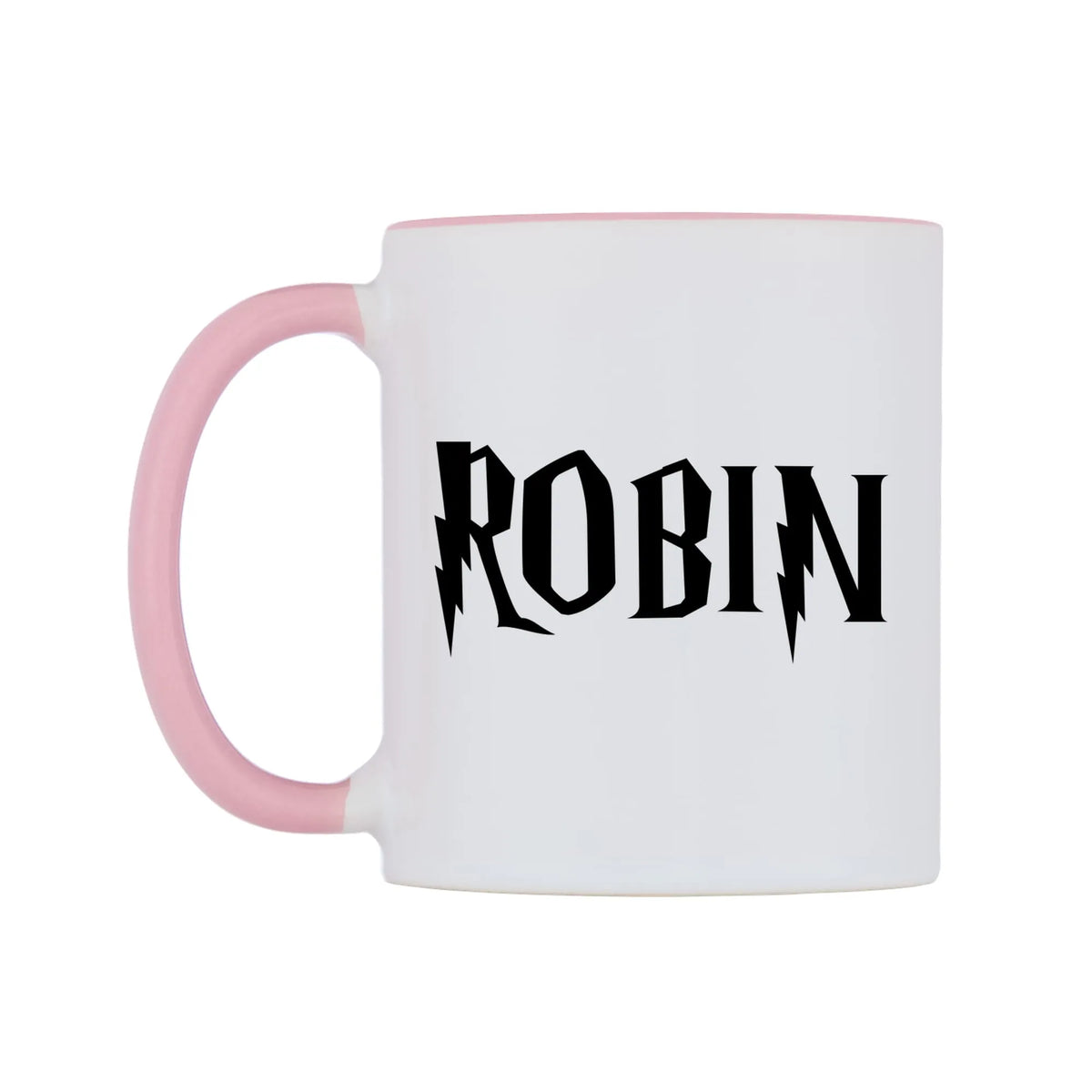 Robin - Wizard Themed Mug — white 11oz gloss mug with a pink inside and handle, right side, on a white background