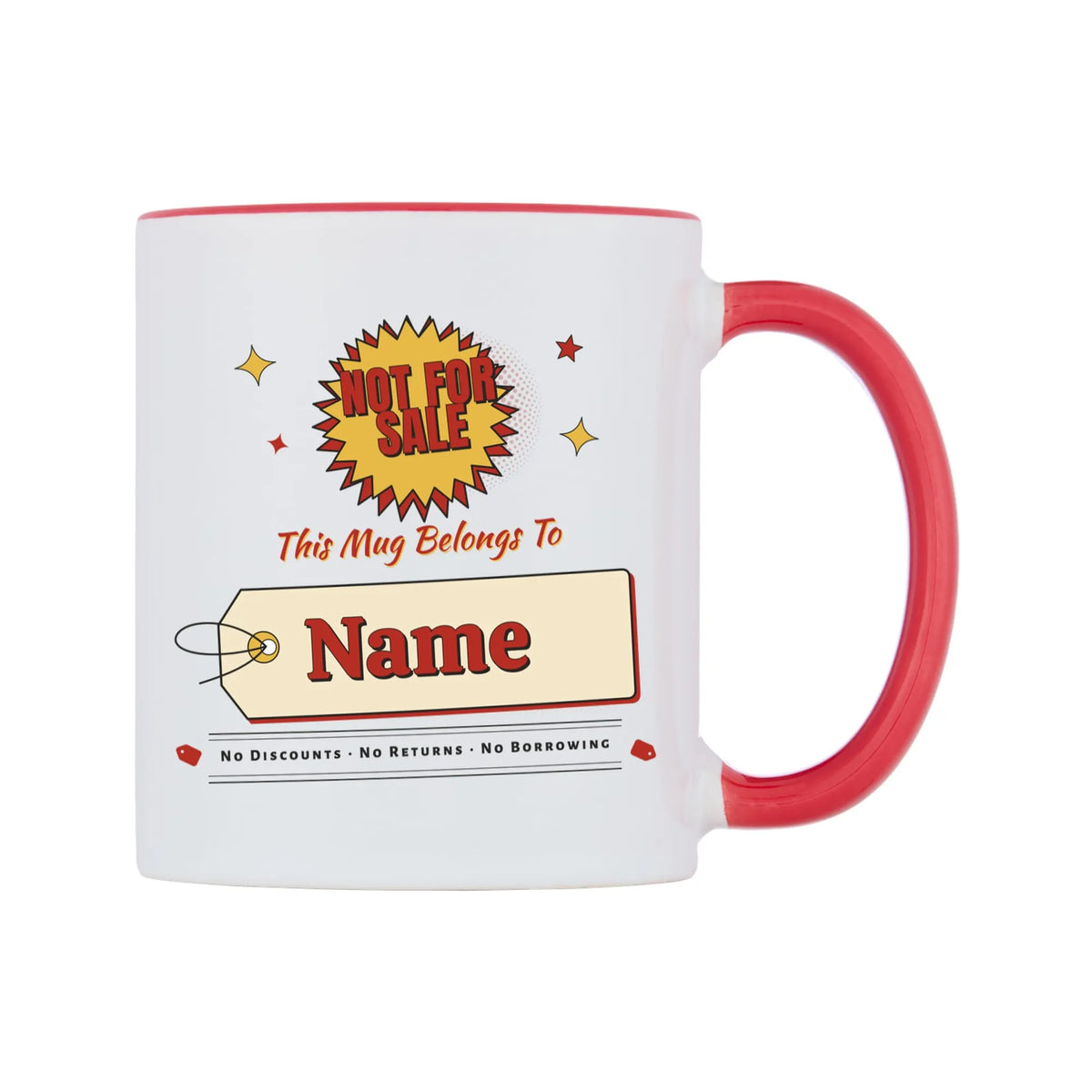 Not For Sale Swing Tag Mug — white 11oz gloss mug with a red inside and handle, on a white background