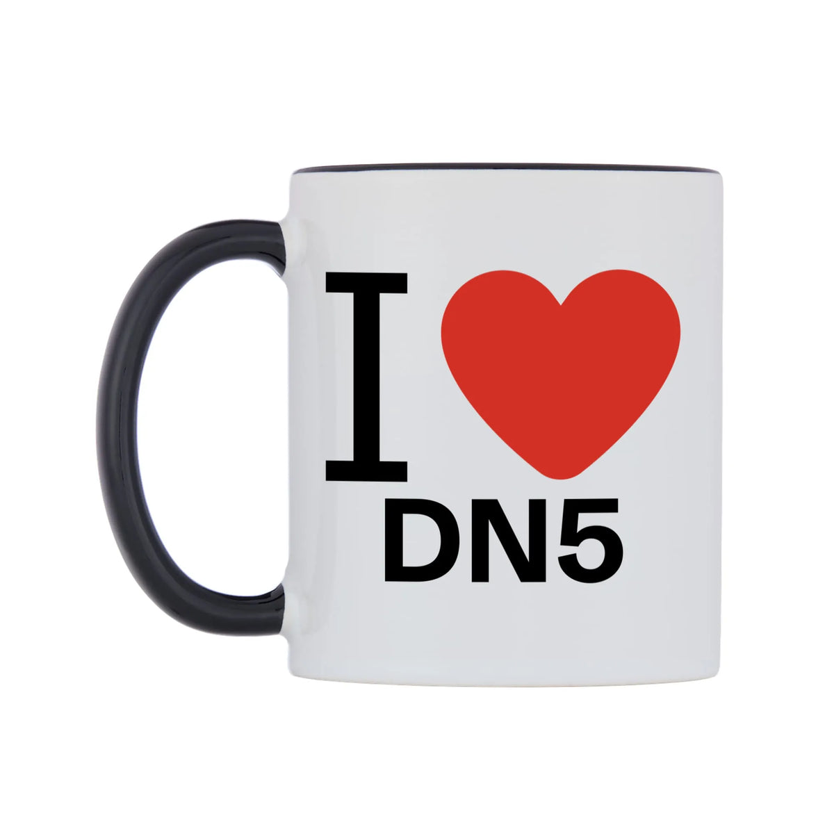 I Love DN5 Mug — white 11oz gloss mug with a black inside and handle, right side, on a white background