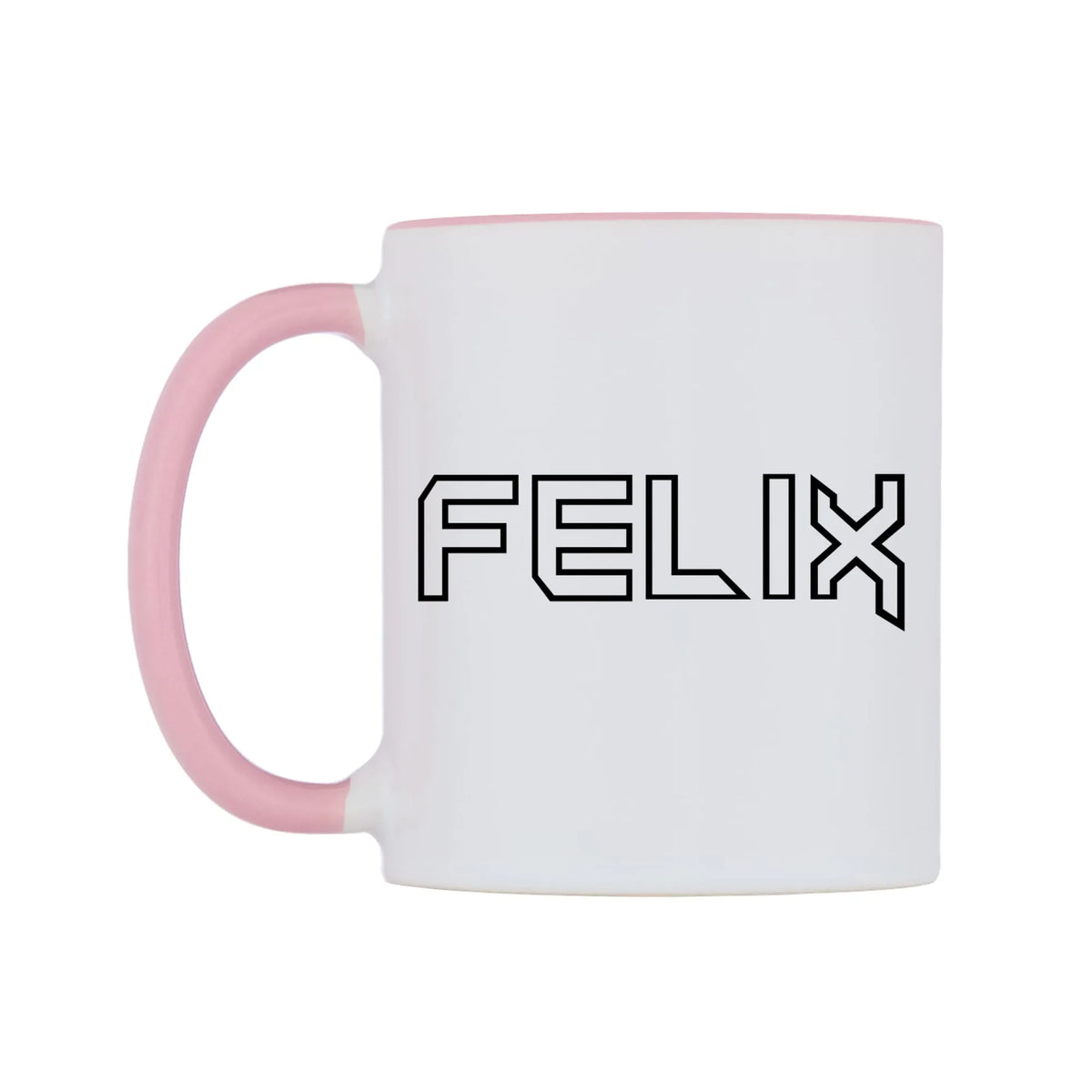 Felix - Iron Maiden Themed Mug — white 11oz gloss mug with a pink inside and handle, right side, on a white background