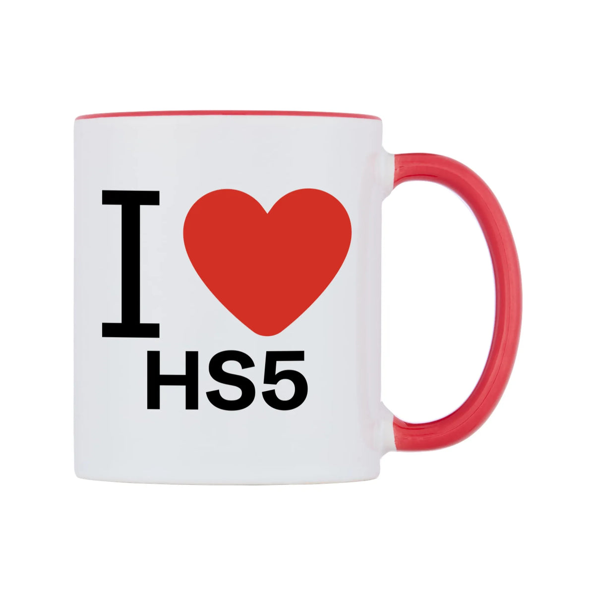 I Love HS5 Mug — white 11oz gloss mug with a red inside and handle, left side, on a white background
