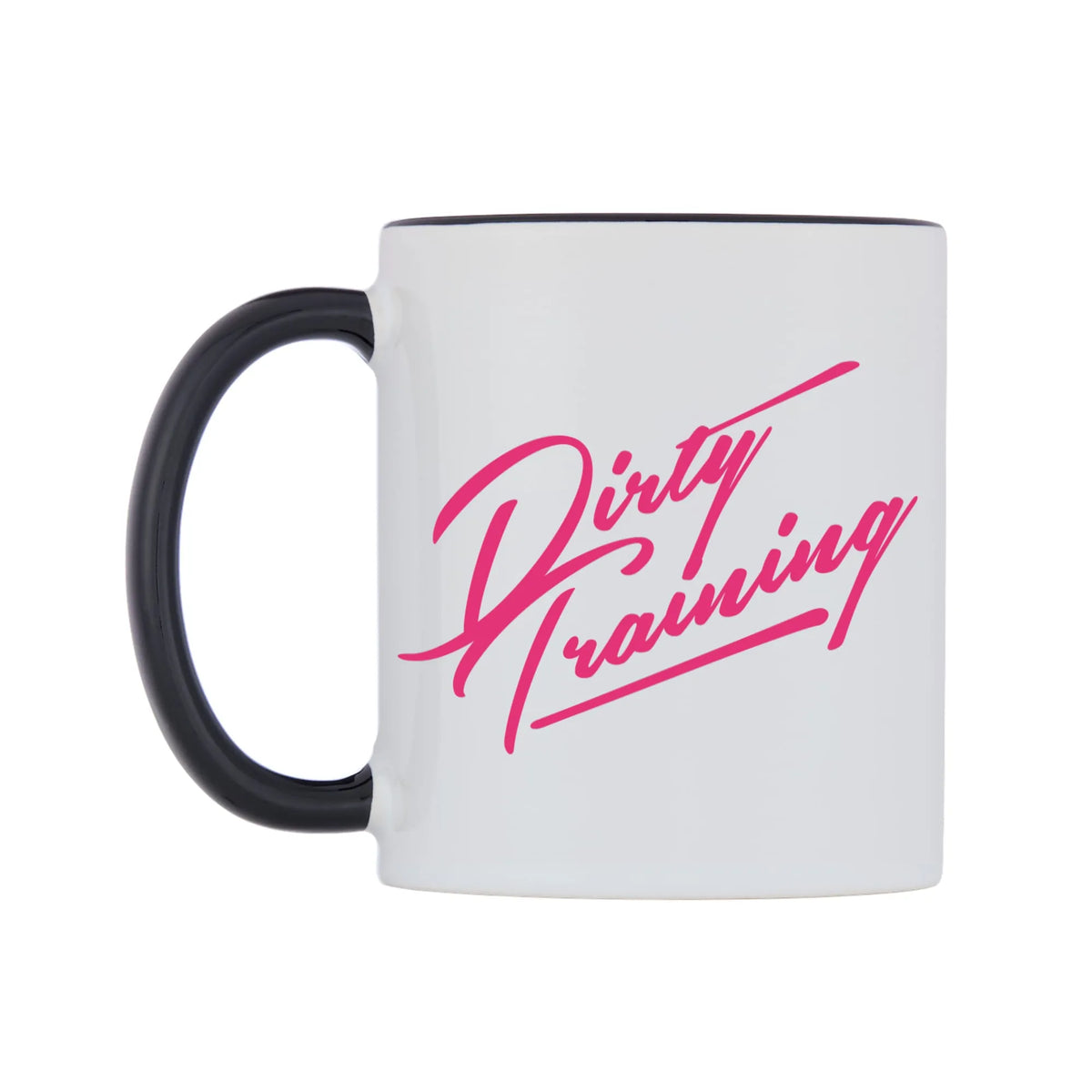 Dirty Training Mug — white 11oz gloss mug with a black inside and handle, right side, on a white background
