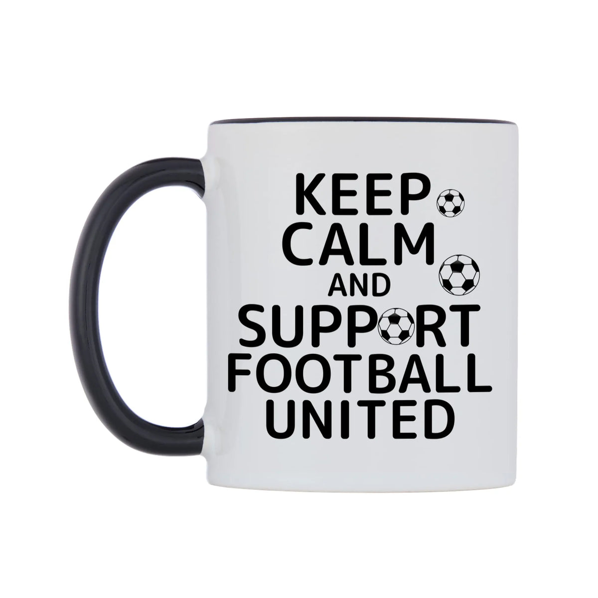 Keep Calm And Support Personalised Team Mug — white 11oz gloss mug with a black inside and handle, right side, on a white background