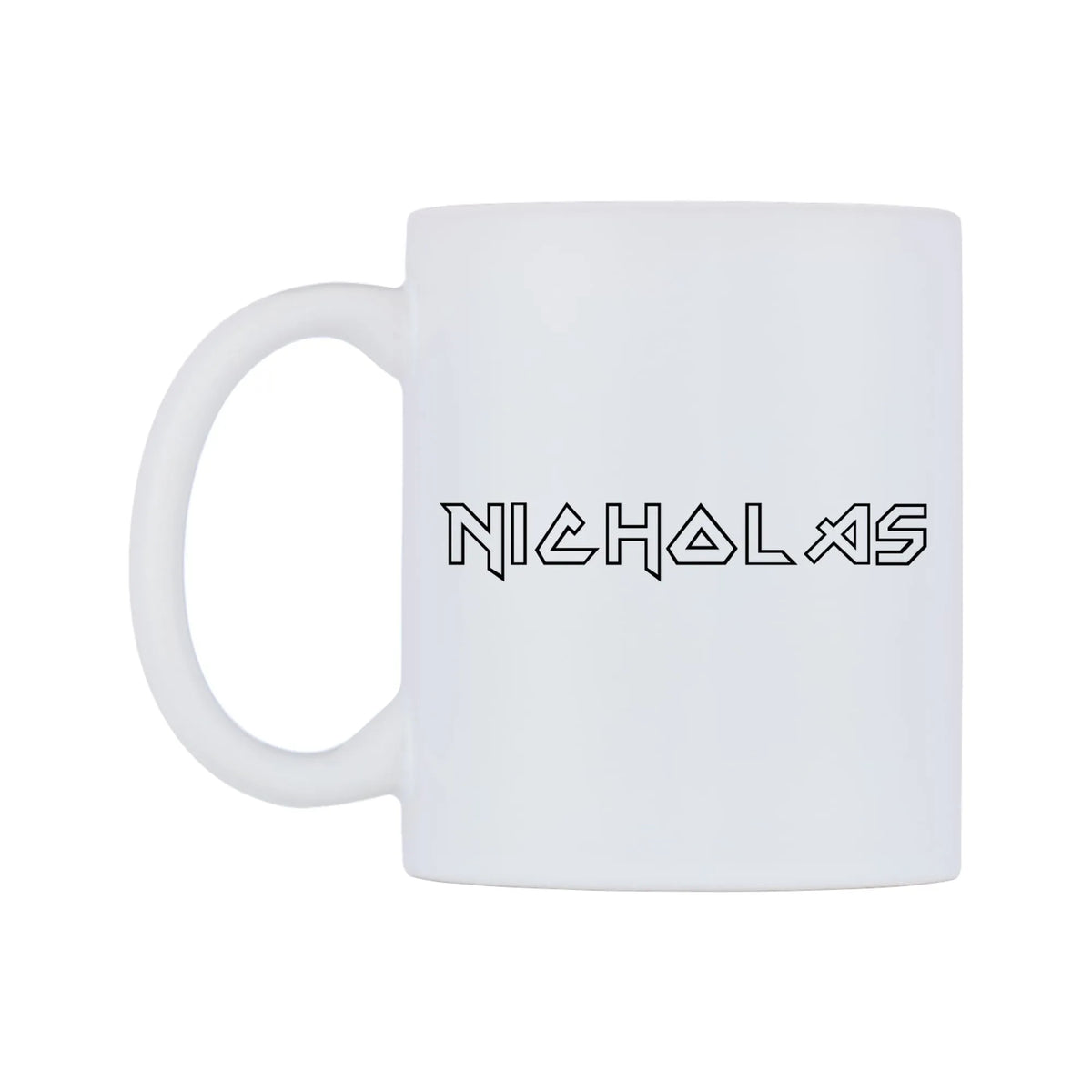 Nicholas - Iron Maiden Themed Mug — white 11oz gloss mug, right side, on a white background