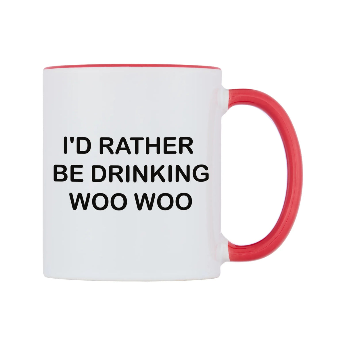 I'd Rather Be Drinking Woo Woo Mug — white 11oz gloss mug with a red inside and handle, left side, on a white background