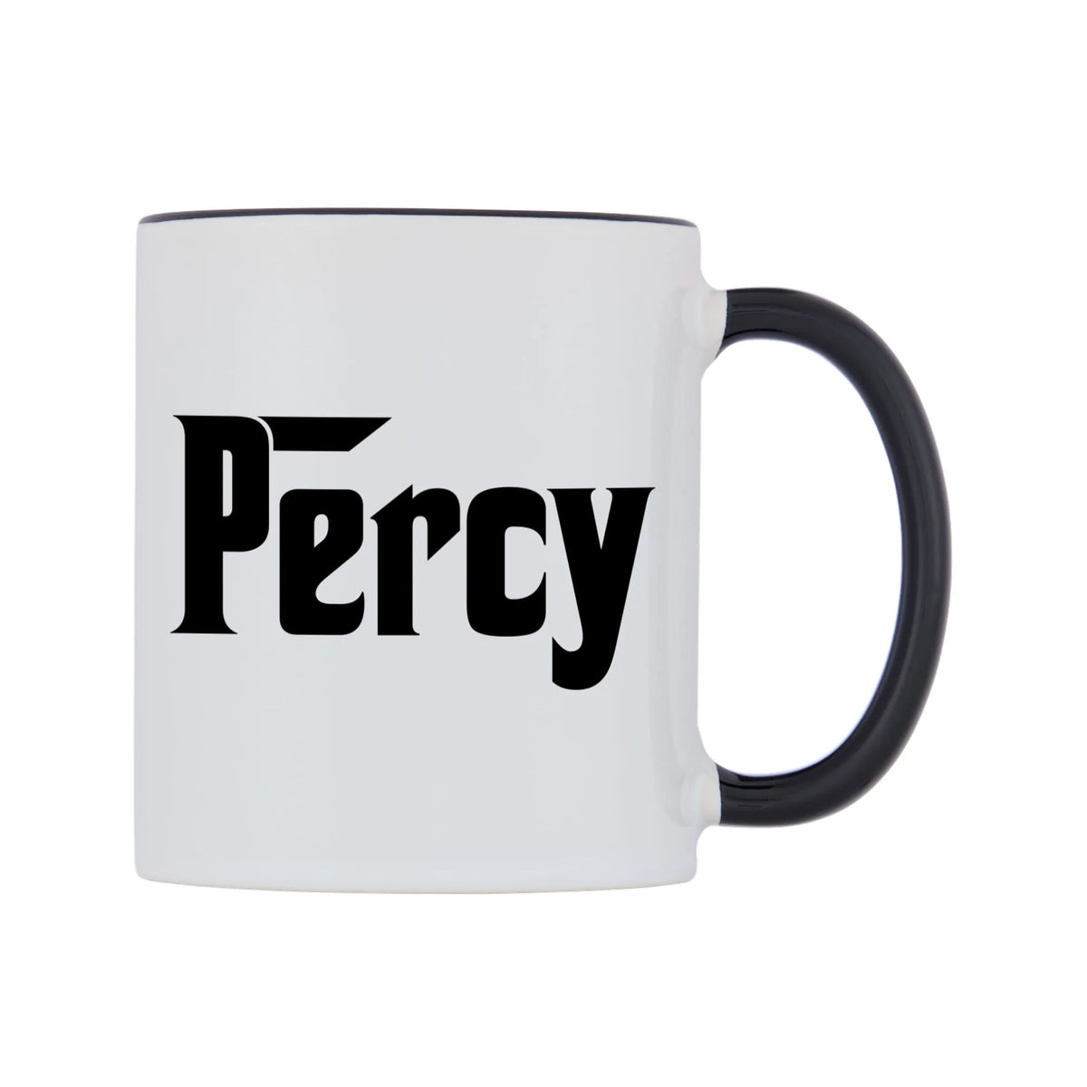 Percy - Godfather Themed Mug — white 11oz gloss mug with a black inside and handle, left side, on a white background