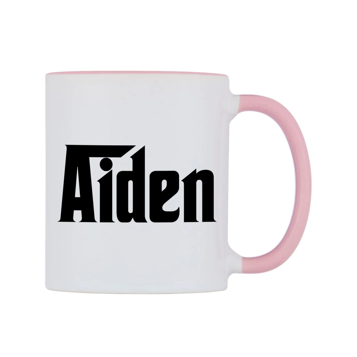 Aiden - Godfather Themed Mug — white 11oz gloss mug with a pink inside and handle, left side, on a white background