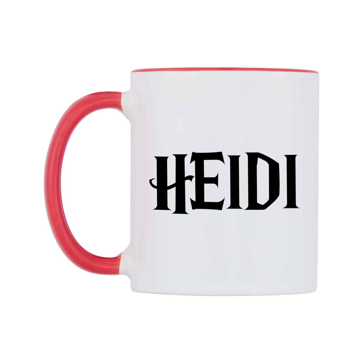 Heidi - Wizard Themed Mug — white 11oz gloss mug with a red inside and handle, right side, on a white background