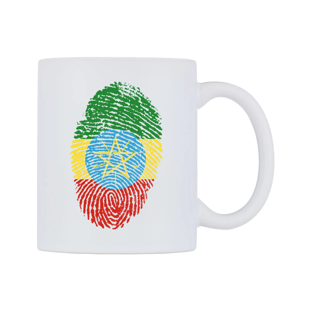 Ethiopia Finger Print Flag Mug — white 11oz gloss mug, left side, on a white background