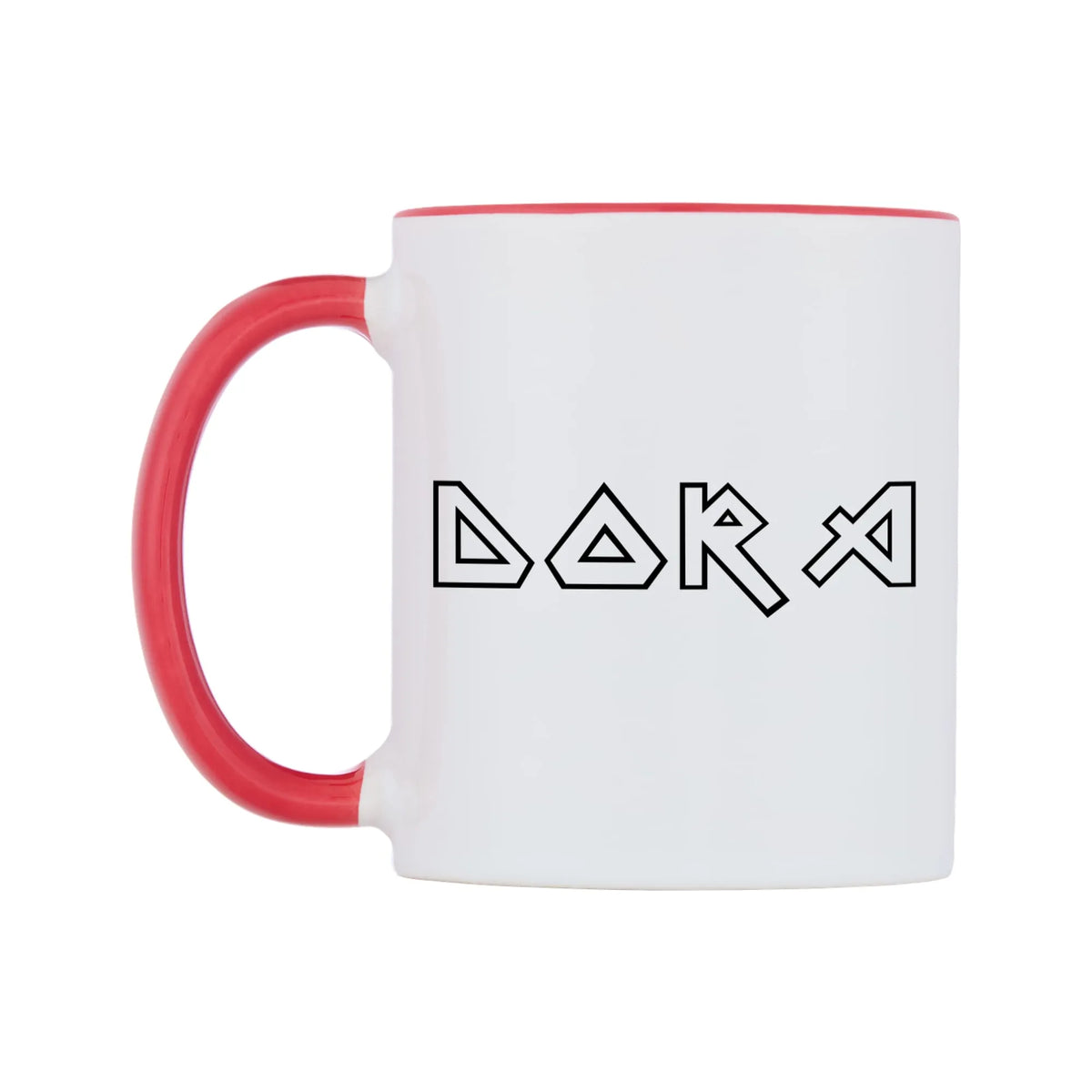 Dora - Iron Maiden Themed Mug — white 11oz gloss mug with a red inside and handle, right side, on a white background