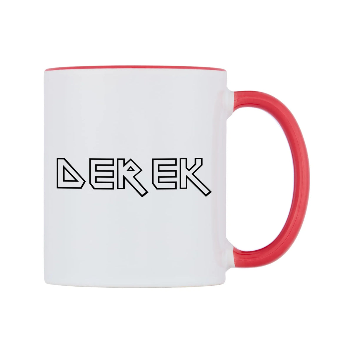 Derek - Iron Maiden Themed Mug — white 11oz gloss mug with a red inside and handle, left side, on a white background