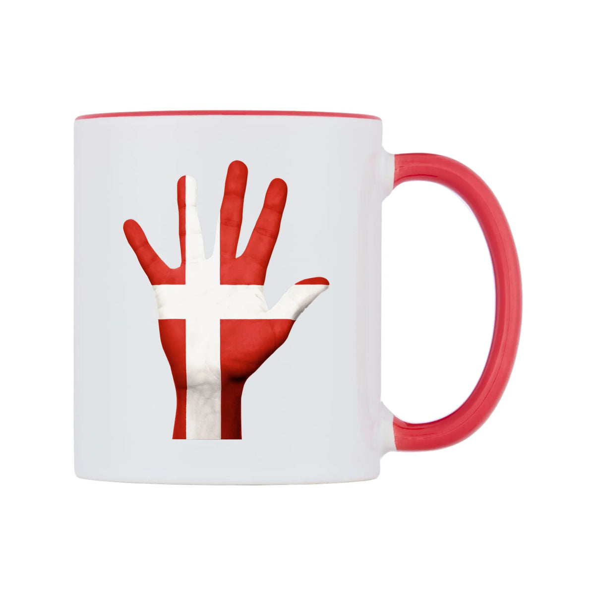 Denmark Hand Flag Mug — white 11oz gloss mug with a red inside and handle, left side, on a white background
