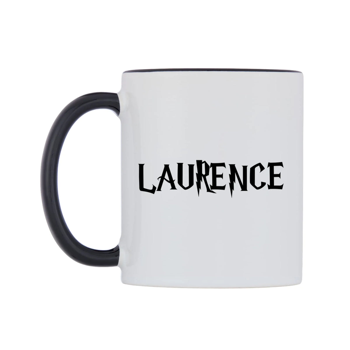 Laurence - Wizard Themed Mug — white 11oz gloss mug with a black inside and handle, right side, on a white background