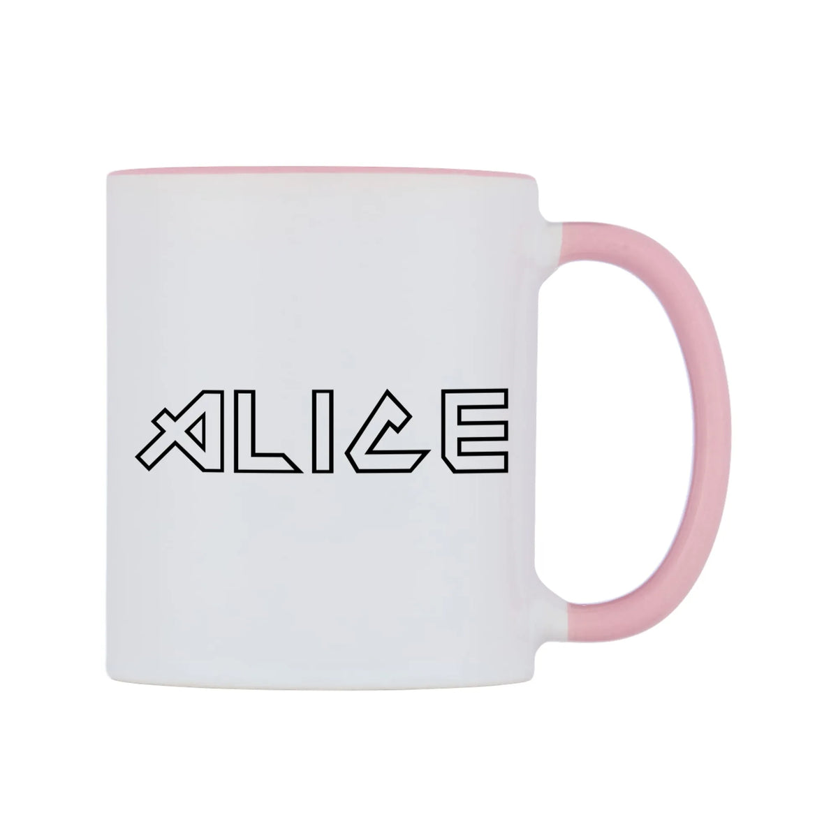 Alice - Iron Maiden Themed Mug — white 11oz gloss mug with a pink inside and handle, left side, on a white background