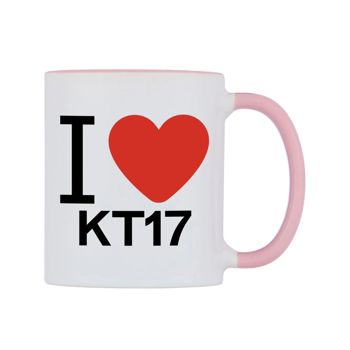 I Love KT17 Mug — white 11oz gloss mug with a pink inside and handle, left side, on a white background